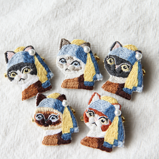 Cat with a Pearl Earring Hand-Embroidered Brooch
