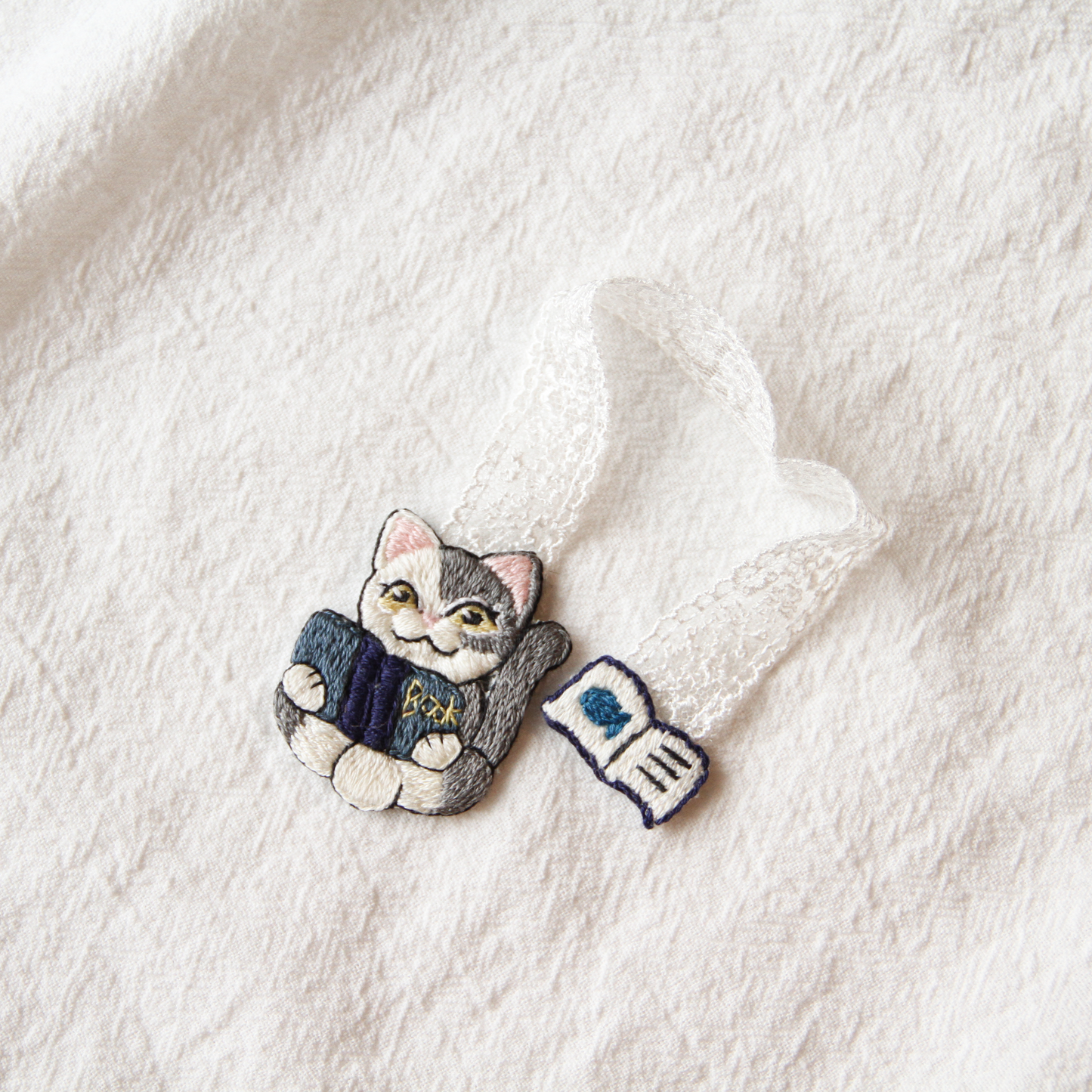 Little Scholar Hand-Embroidered Cat Bookmark
