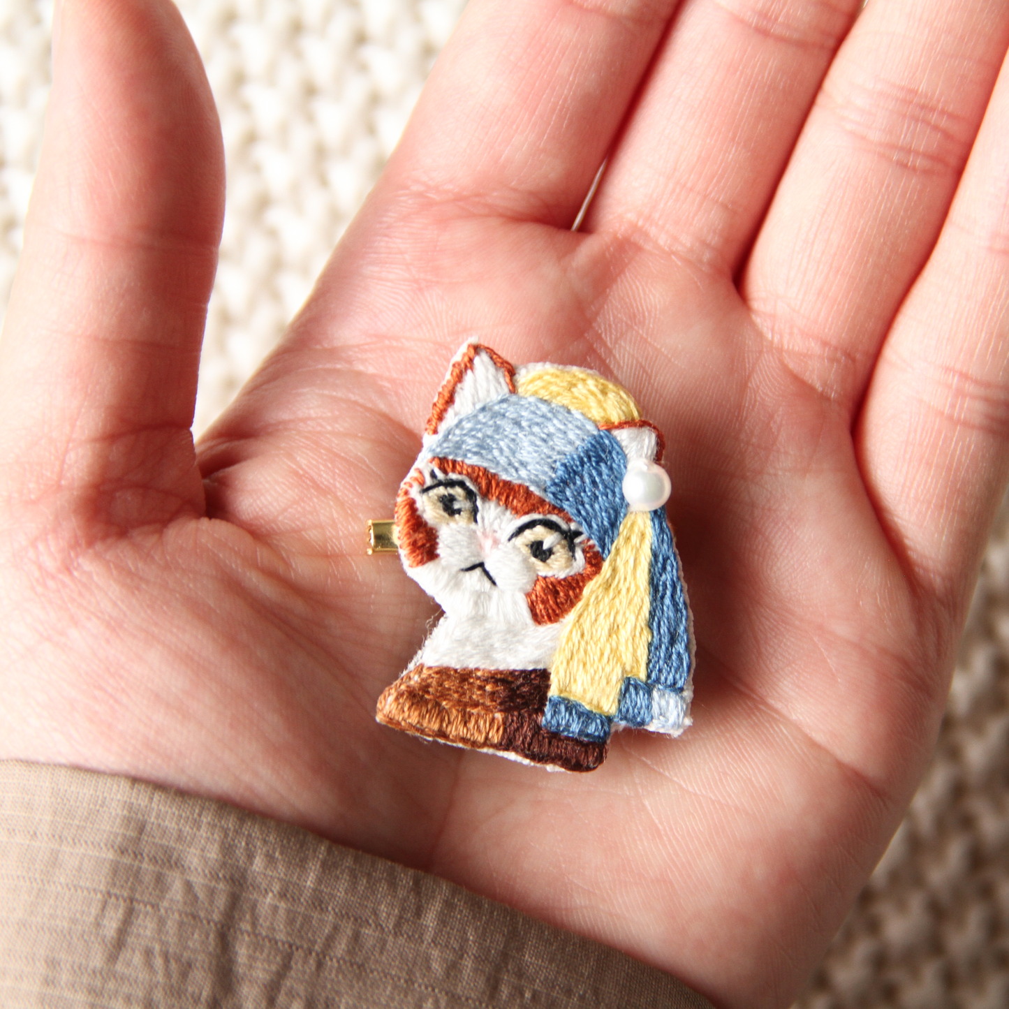 Cat with a Pearl Earring Hand-Embroidered Brooch
