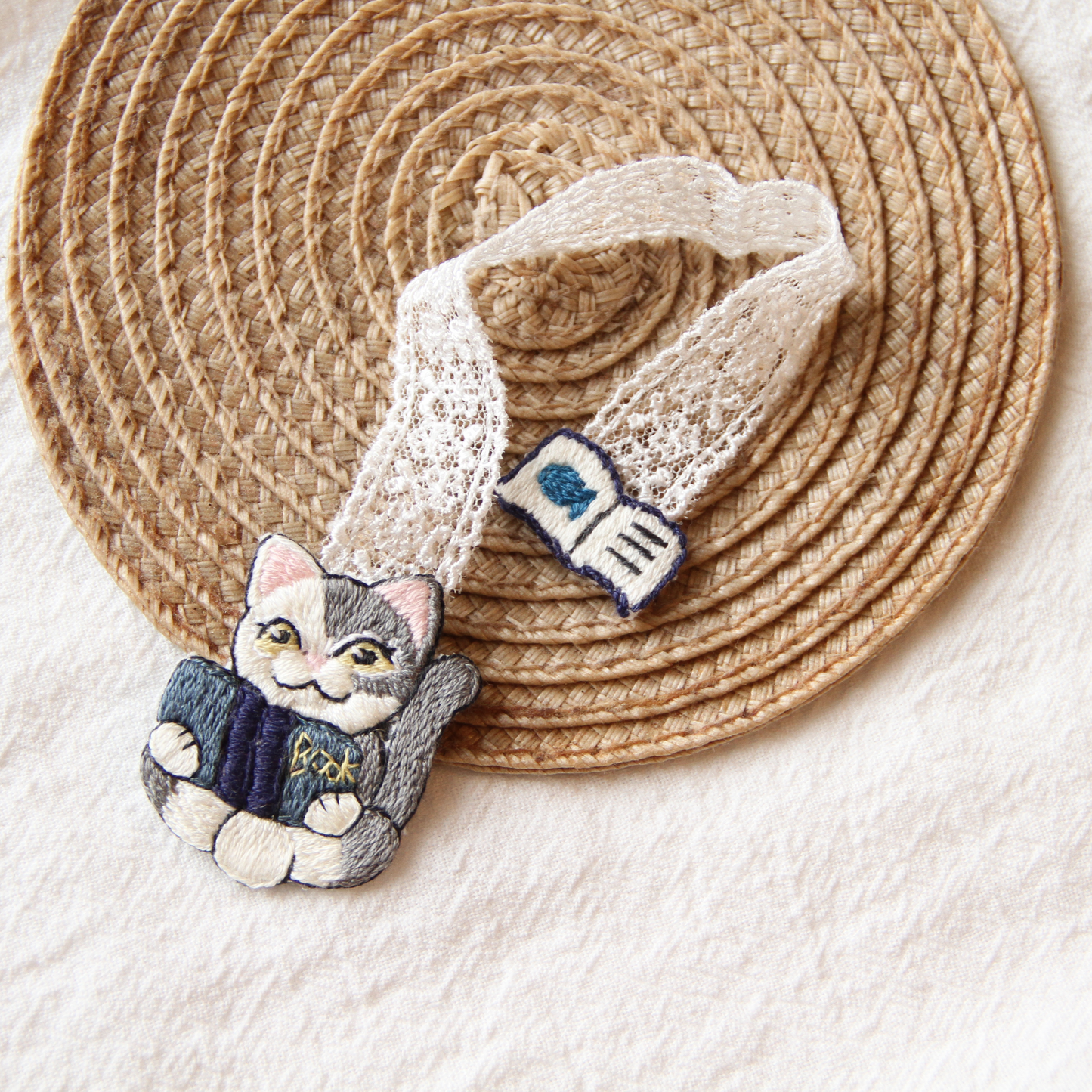 Little Scholar Hand-Embroidered Cat Bookmark